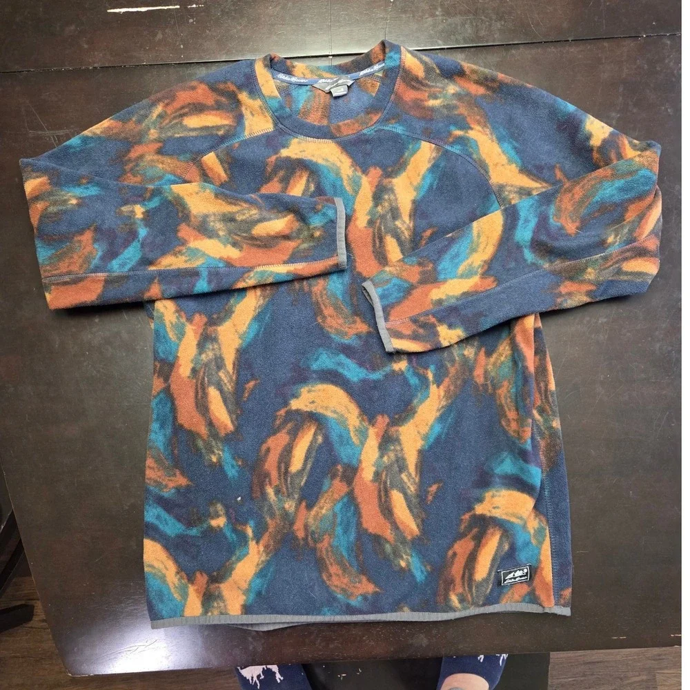 Eddie Bauer Womens Fleece Pullover M Abstract Tie Dye Crew Neck Blue Orange Teal - Picture 2 of 6